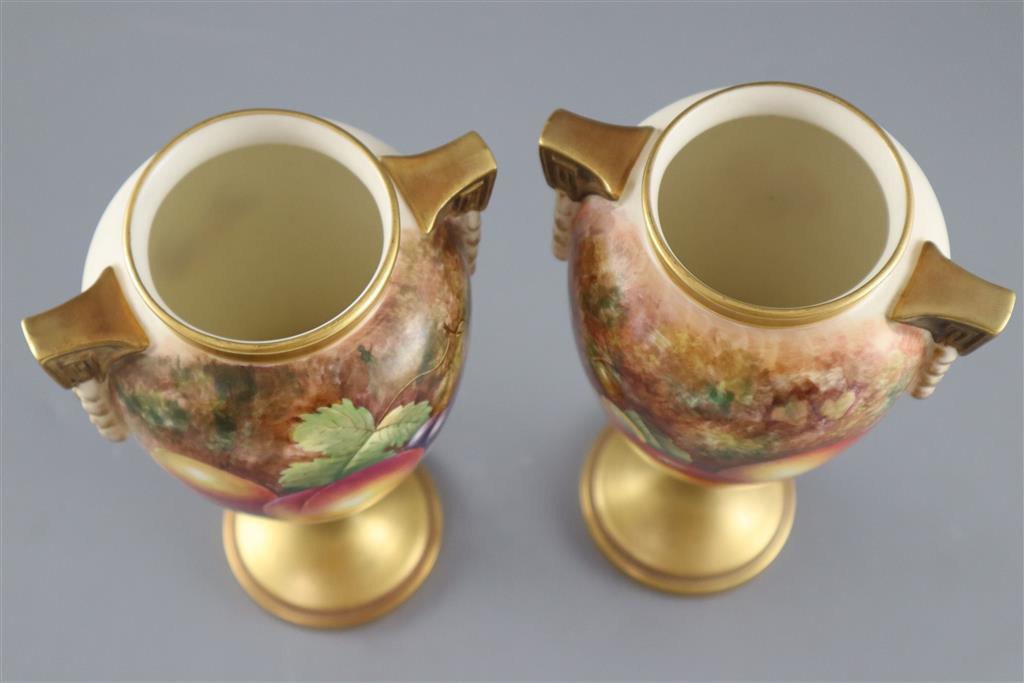 A pair of Royal Worcester fruit painted oviform vases, post-war, painted by J. Cook & P. Lynes, 21cm high